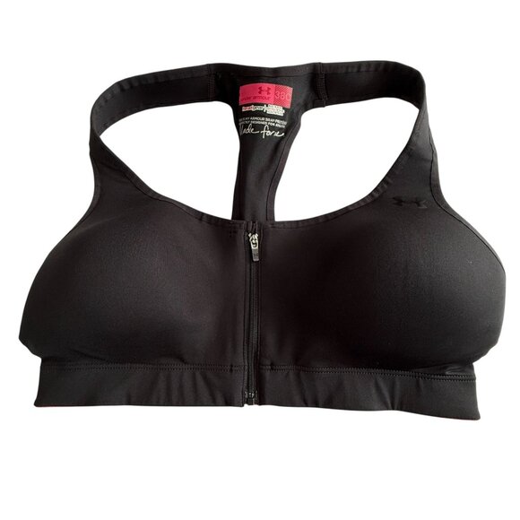 Under Armour Womens Protegée Heat Gear Sports Bra Black Front Zip Size 38C - Picture 1 of 10